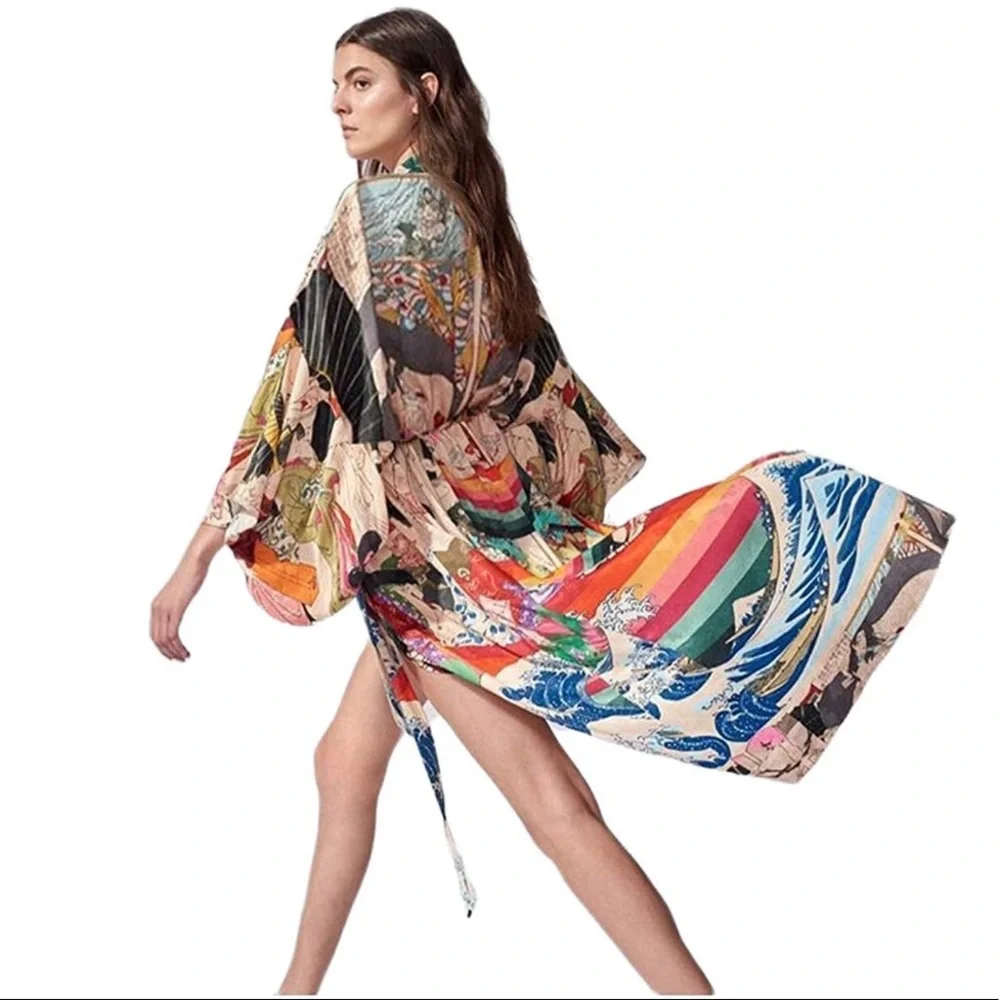Asian print kimono Cover ups robe Floral Print